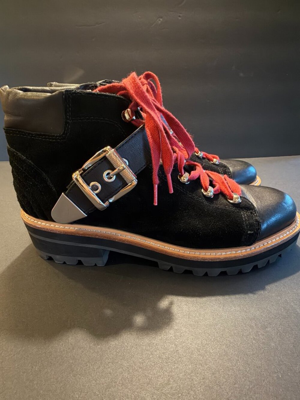 Women's Size 7.5 Marc Fisher LTD Black Suede and Leather Boots with Buckle